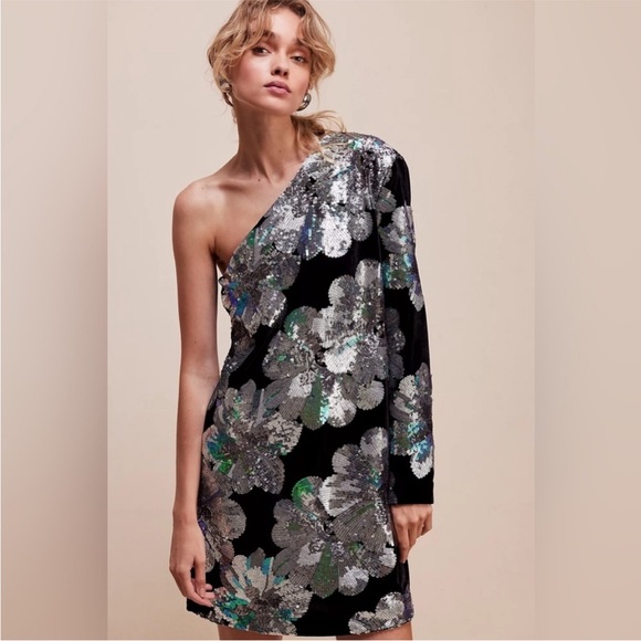 Sabina Musayev Dresses & Skirts - One-Shoulder Sequin Floral Dress